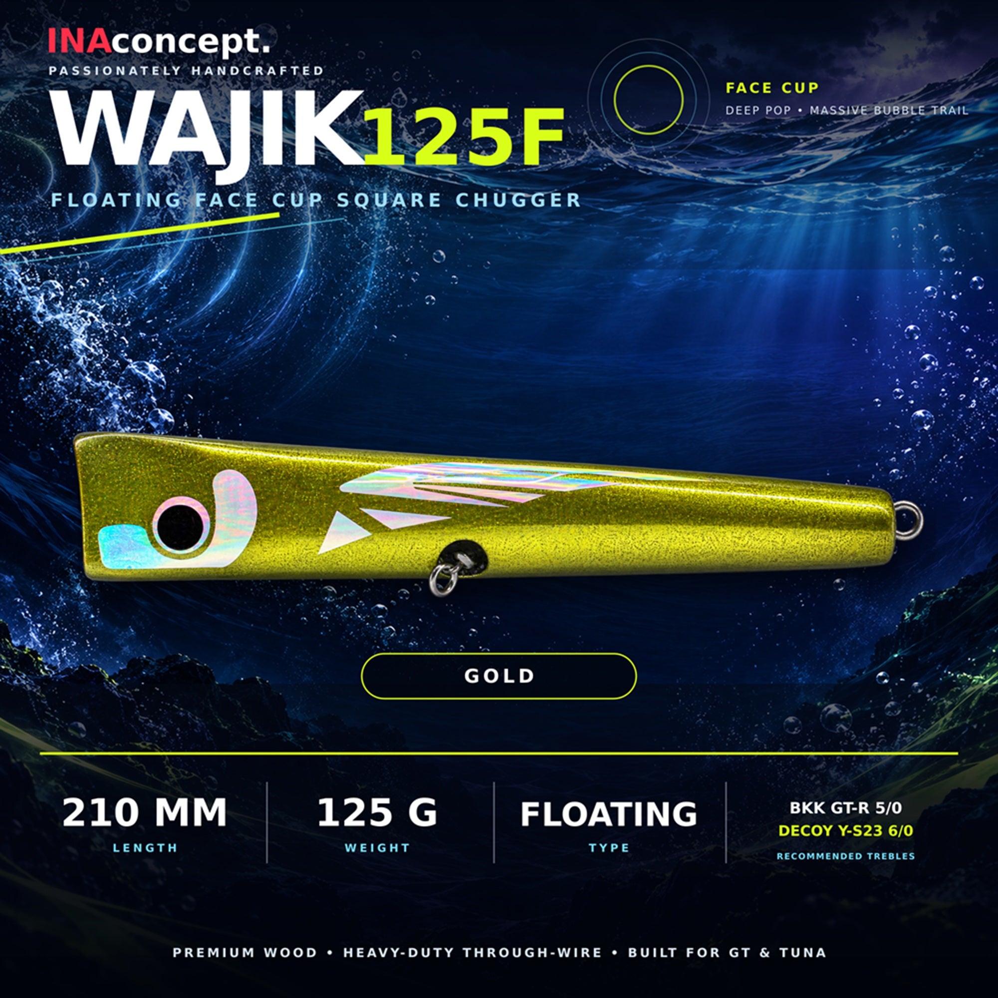 Ina Concept Wajik 210mm 125 grams Popper Floating Lure Gold (4011)