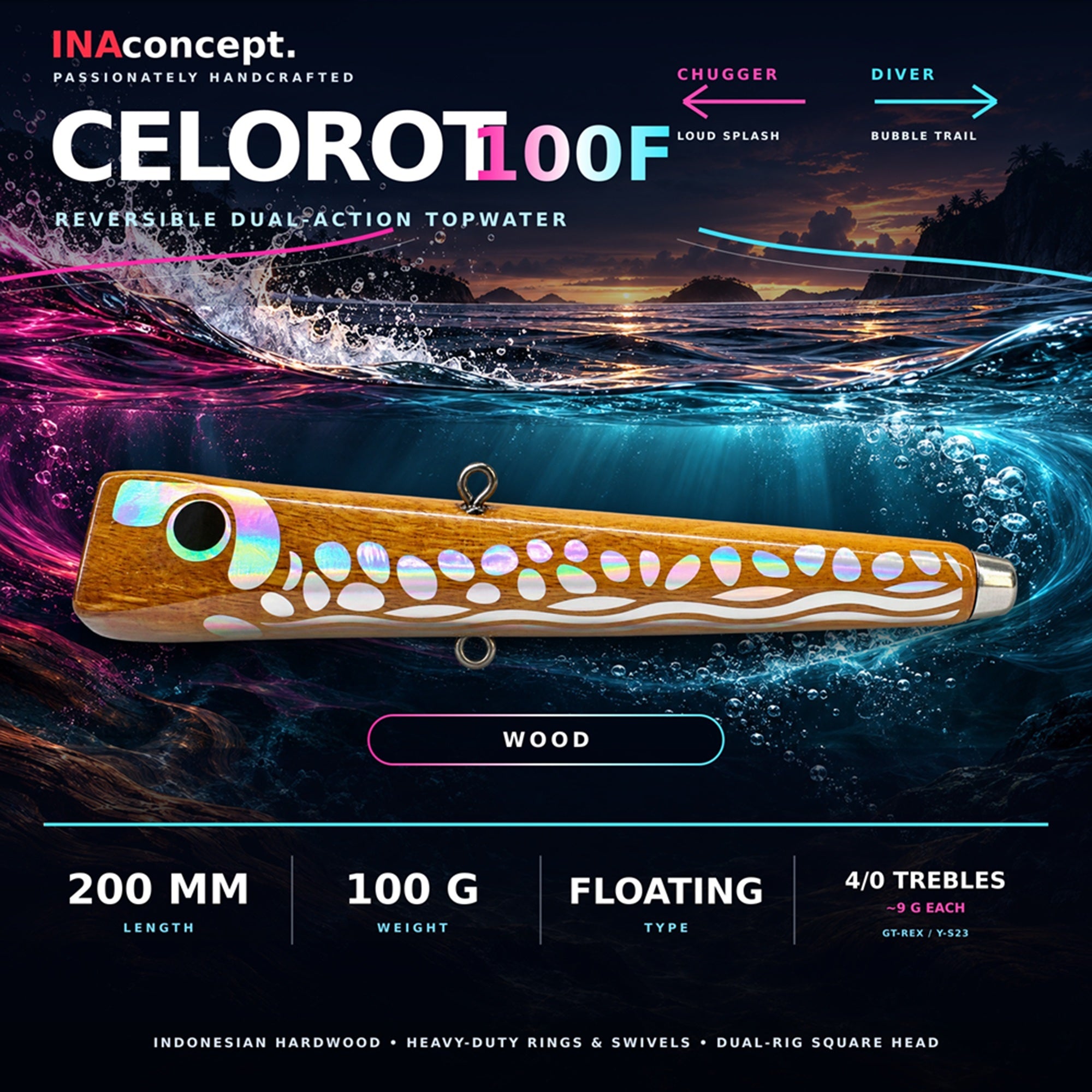 Ina Concept Celorot 200mm 100 grams Popper Floating Lure Wood (4018)