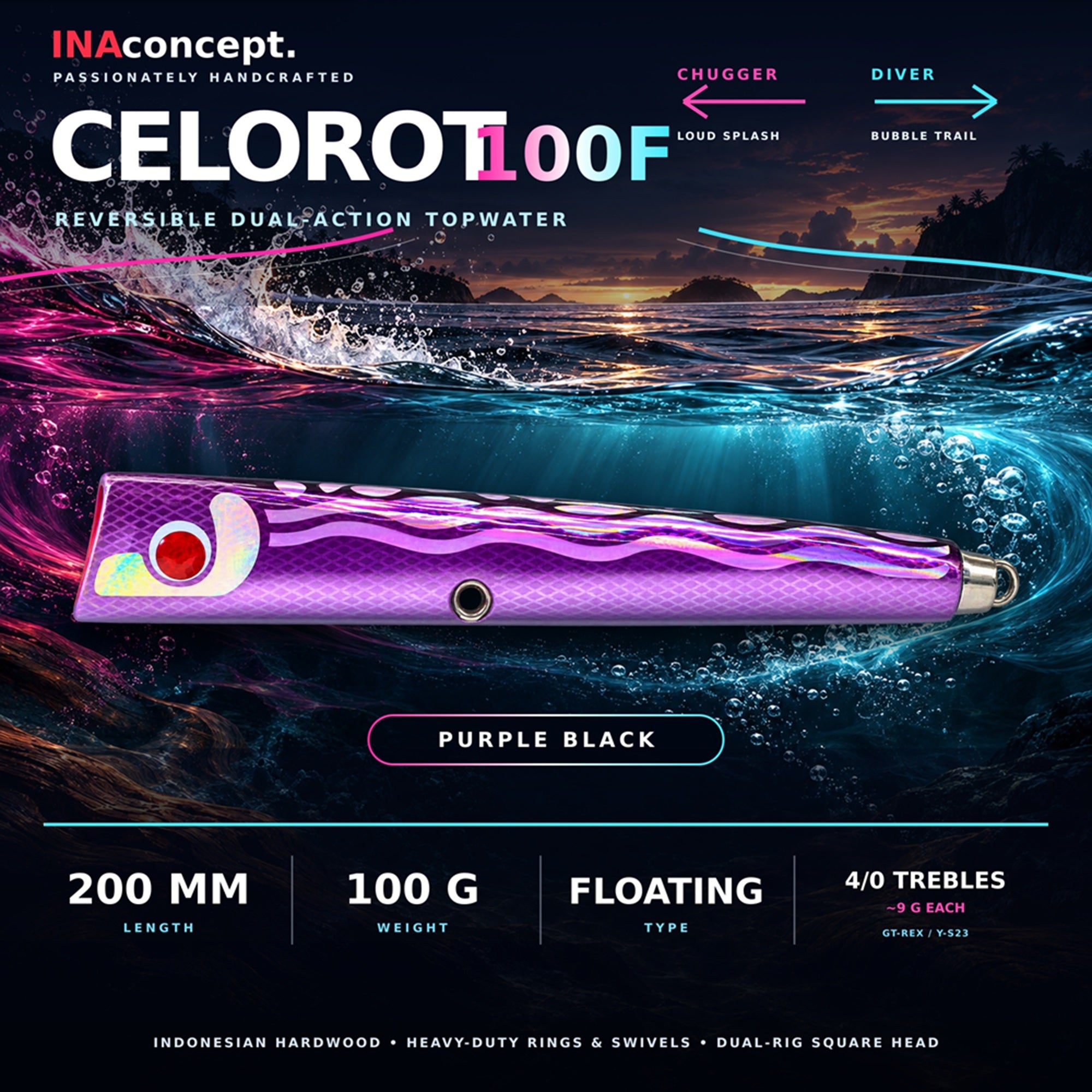 Ina Concept Celorot 200mm 100 grams Popper Floating Lure Purple Black (4019)