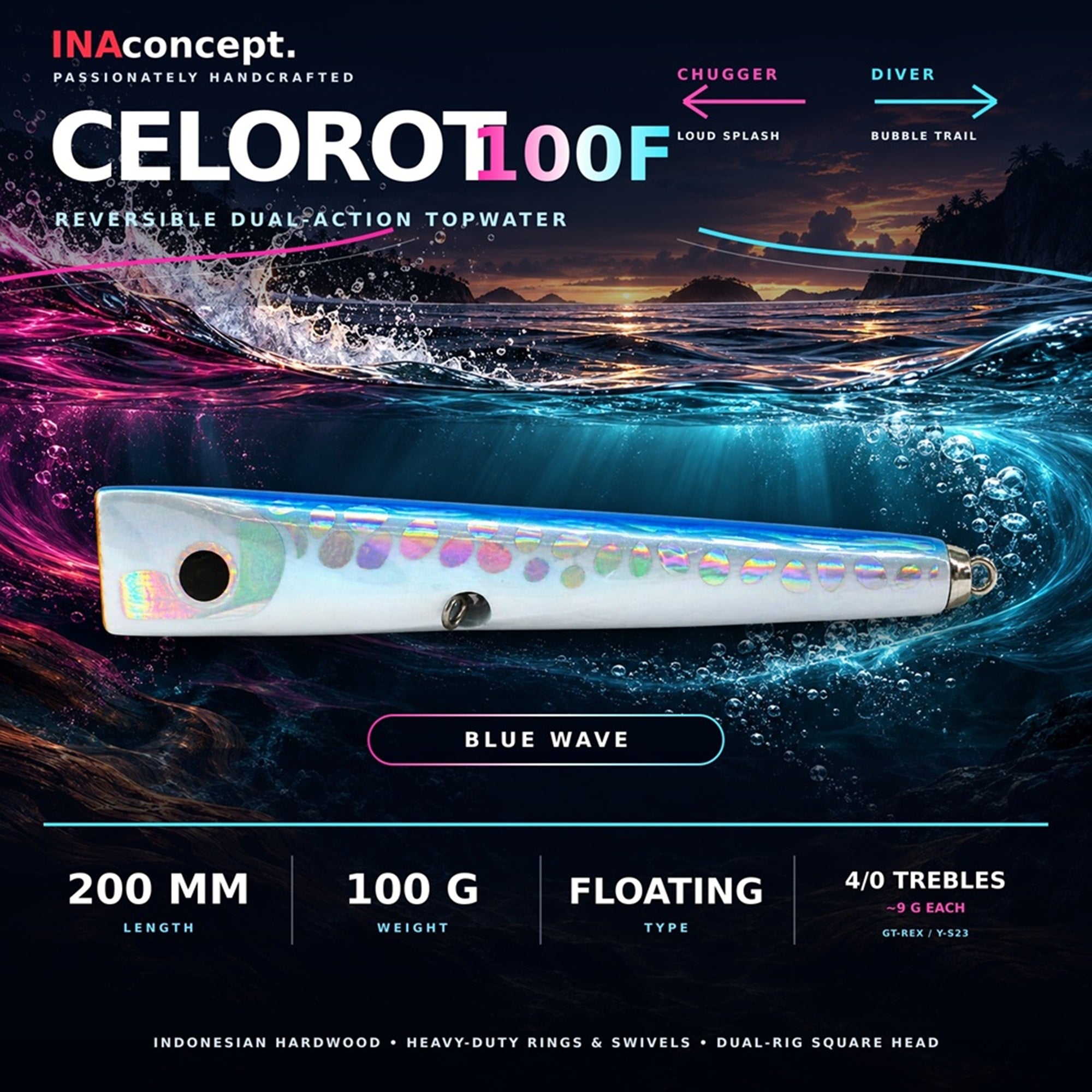 Ina Concept Celorot 200mm 100 grams Popper Floating Lure Blue Wave (4021)