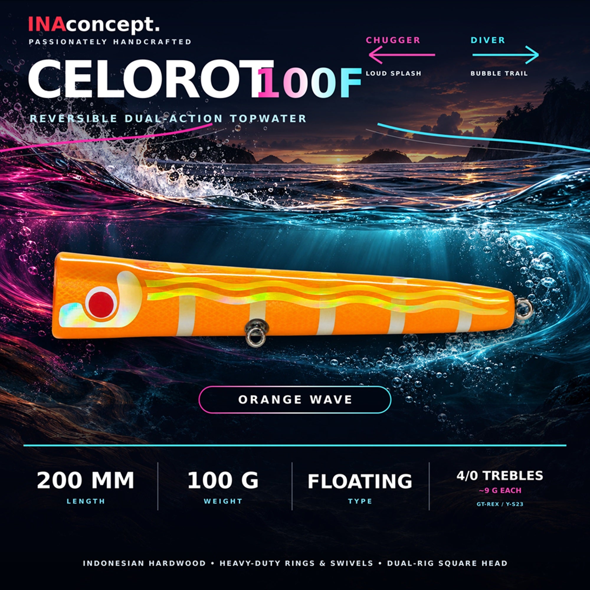 Ina Concept Celorot 200mm 100 grams Popper Floating Lure Orange Wave (4022)