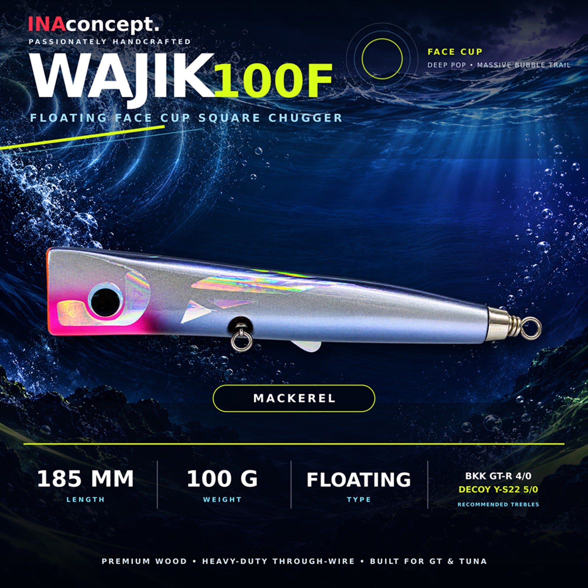 Ina Concept Wajik 185mm 100 grams Popper Floating Lure Mackerel (4023)