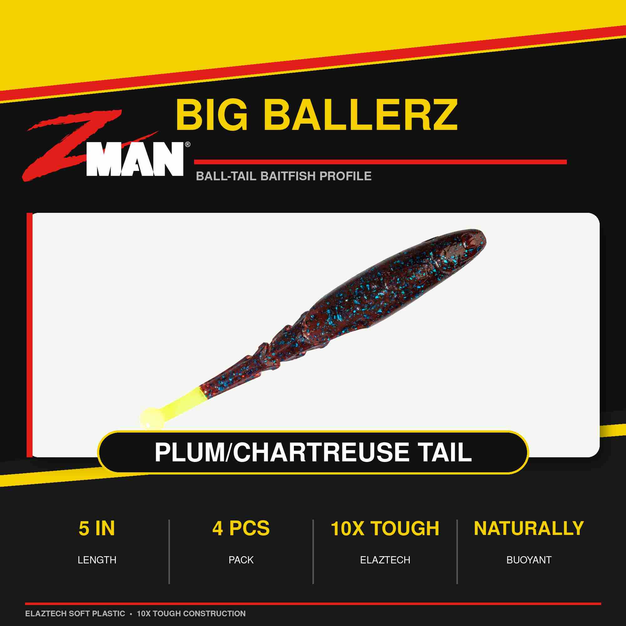 Zman Soft Lure Big BallerZ 5 Inch 4/Pack Plum Chart Tail (9576)