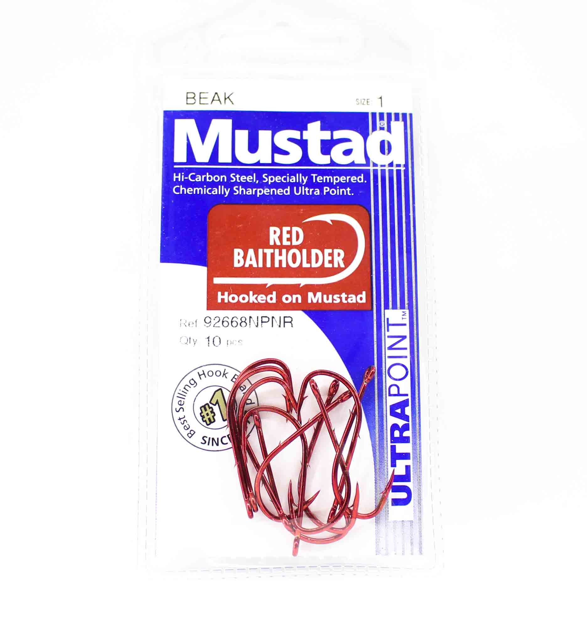 Sale Mustad 92668NP-NR-1-A10 Red Bait Holder Ultra Point Hooks 1 (0653)