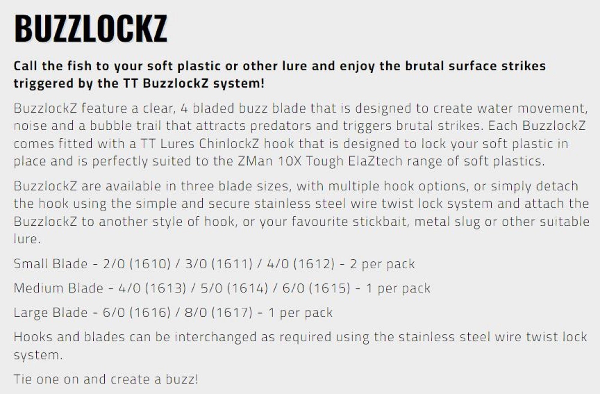 Tackle Tactics TT Buzzlockz Small 2/0 2/pack (6108)